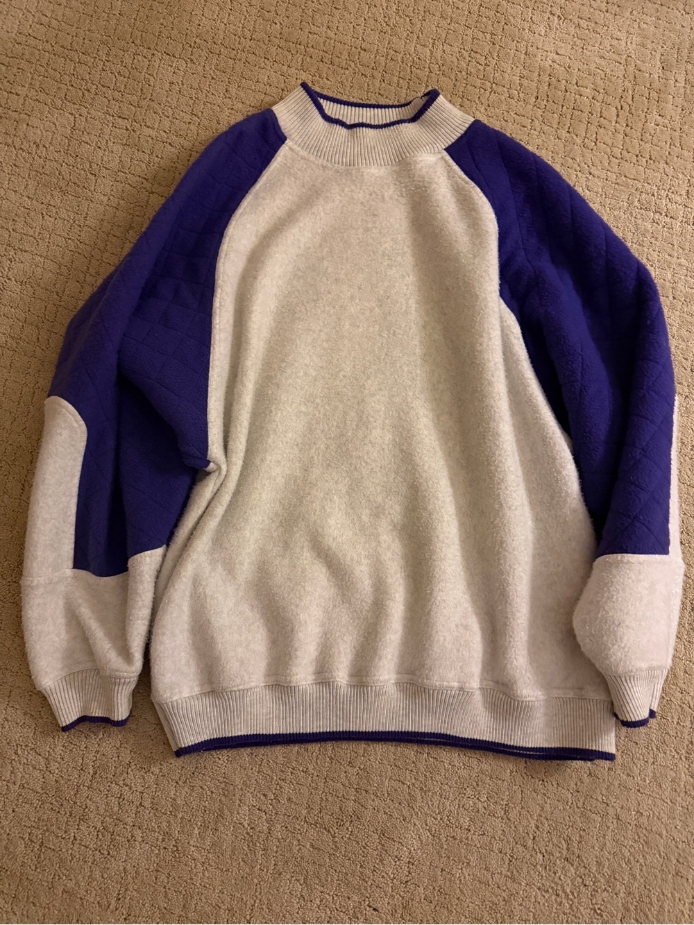 Men's Crewneck Sweater in Light Gray with Purple Raglan Sleeves